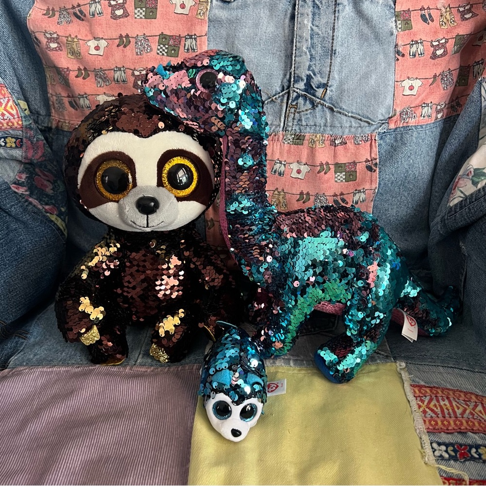 Ty Sequin Beanie Boo Plush Lot - Medium Sized x2 + Mini Boo - 3 Count
